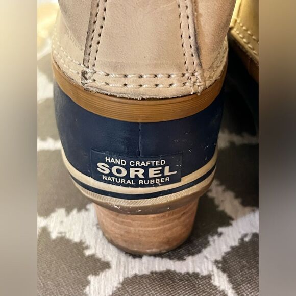 SOREL winter boots navy/tan, quilted, cozy snow/ rain winter boot. Size 8M-great - Picture 5 of 12